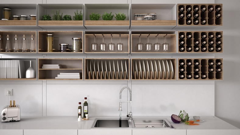 open shelve storage in a small kitchen